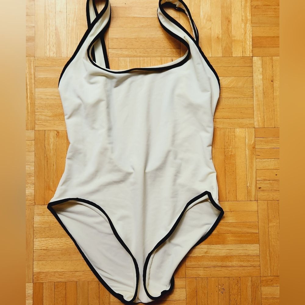 Solid & Striped One Piece Swimsuit Pale Yellow Size M Ribbed Beachy Coastal